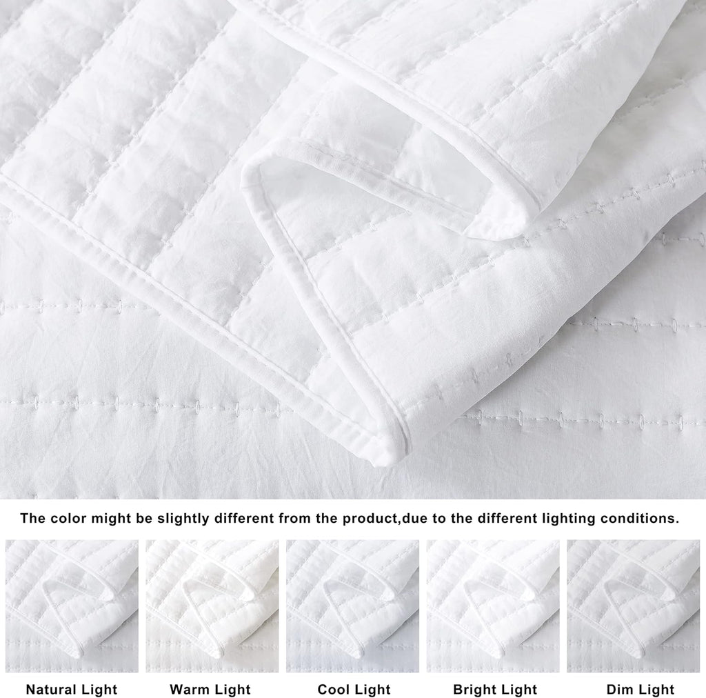 White Queen Quilt Bedding Sets with Pillow Shams, Full Lightweight Soft Bedspread Coverlet, Quilted Blanket Thin