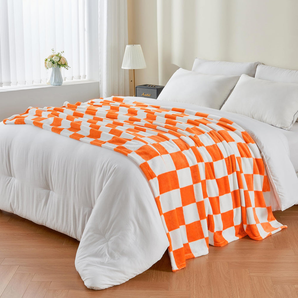 Checkered Fall Twin Blanket for Couch, Orange & White, 60"x80"