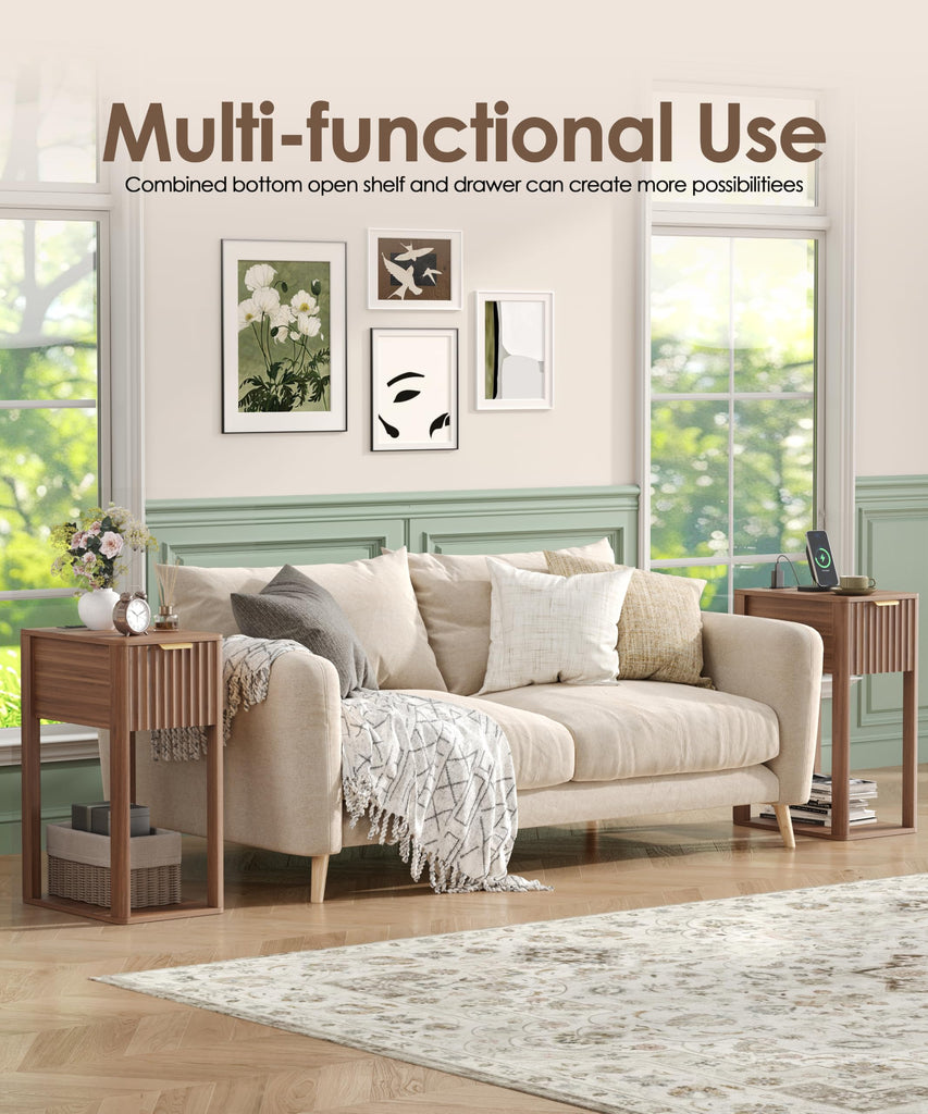 Narrow Nightstand Set 2 with Charging Station Fluted Table Walnut