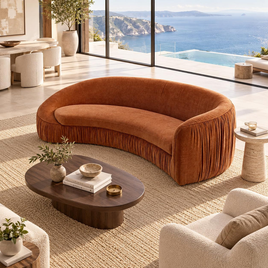 92.13 Inch Curved, Rust Orange Chenille 4 Seater Couch With Deep Seat
