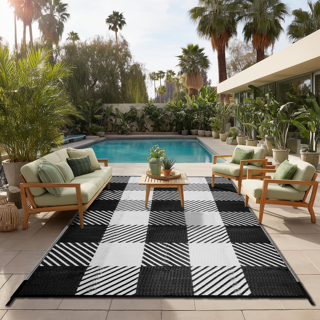 Reversible Waterproof Outdoor Rug, Black & White Checkered