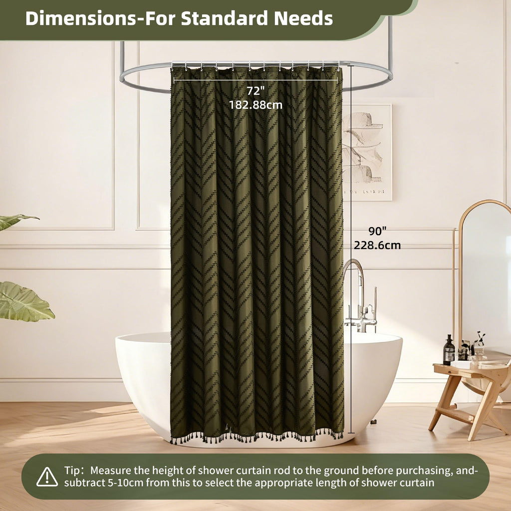 Extra Long Olive Green Boho Shower Curtain with Tassel, Woven Fabric 90 in Shower Curtain, Tufted Chevron Striped, 72