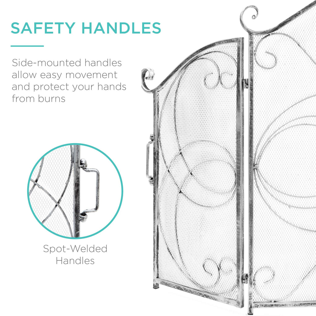 3-Panel 55x33in Solid Wrought Iron See-Through Metal Fireplace Screen, Spark Guard Safety Protector w/Decorative
