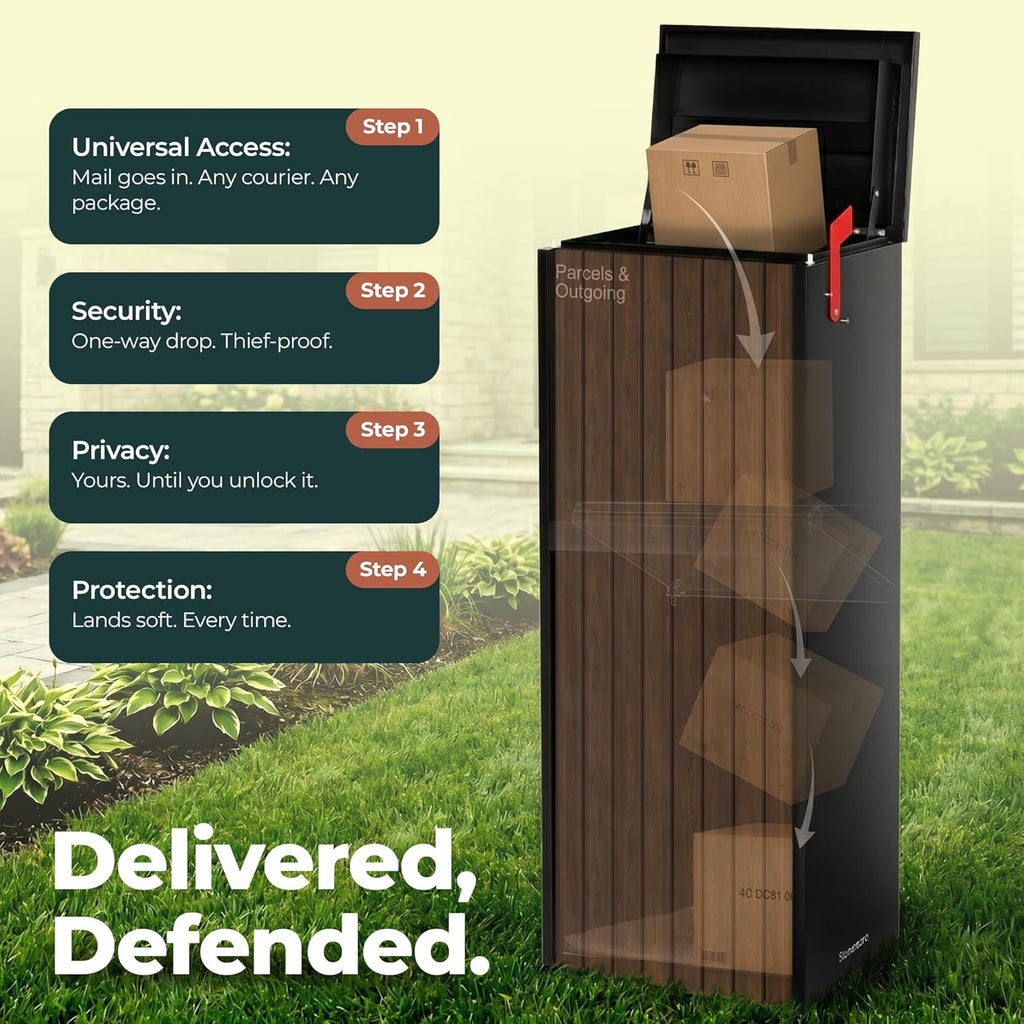 Aspen USPS Compatible Mailbox, Classic Black/Oak Package Mailbox, Anti-Theft Locking Parcel Drop Box Packages