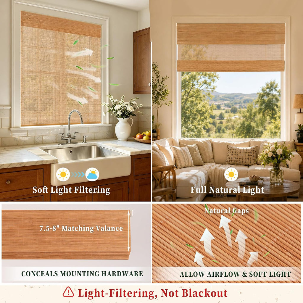No Drill Cordless Bamboo Roman Shades with Matching Valance, Light Filtering Natural Woven Roll Up Blinds , and