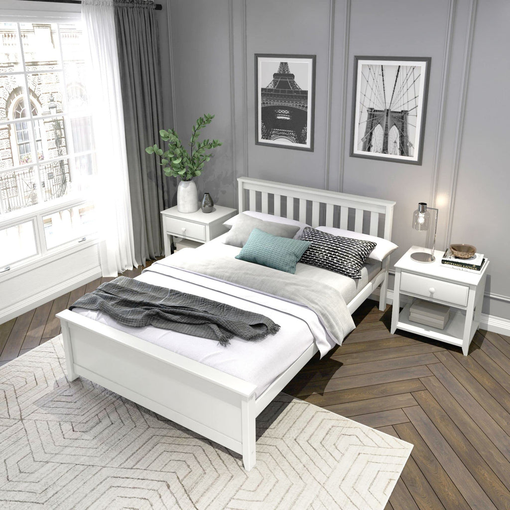 Solid Wood Bed Frame, Platform Bed with Headboard, White