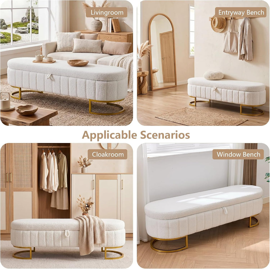 65" Curved Storage Ottoman Bench , Upholstered End of Bed Bench for King Size Bed, Oval Storage Bench with Gold Metal