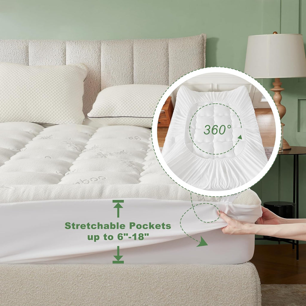King Mattress Topper Viscose Bamboo, Thick Pillow Top Mattress Pad | Stretchable Pockets Fit 6"-18" Mattress, Soft