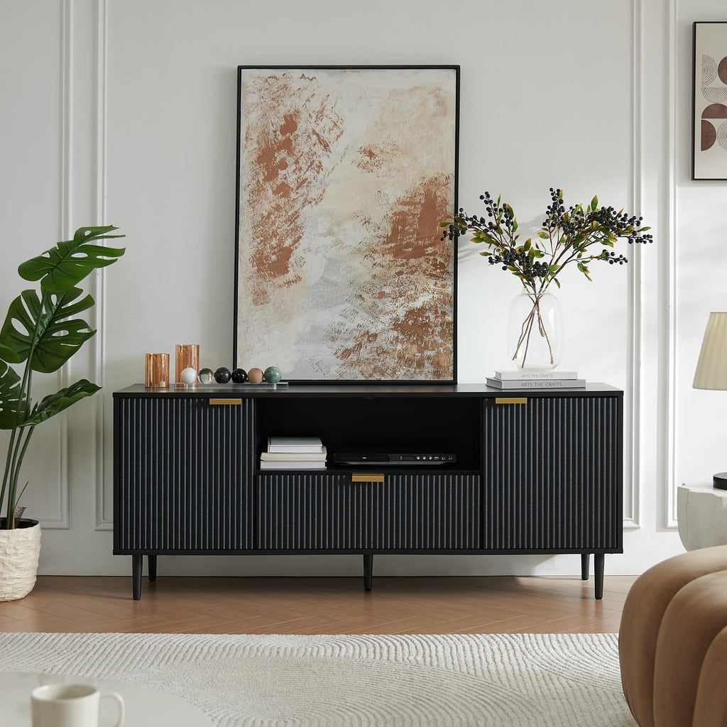 Black Fluted TV Stand for 65 Inch TVs with Storage
