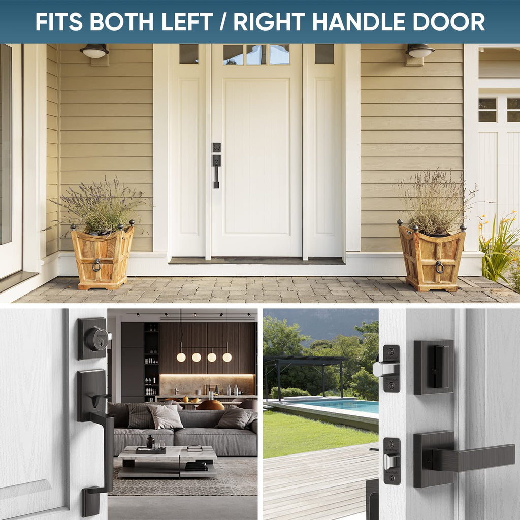 Front Door Handle Set, Heavy Duty Square Door Lever & Single Cylinder Deadbolt Combo Reversible for Entrance Exterior