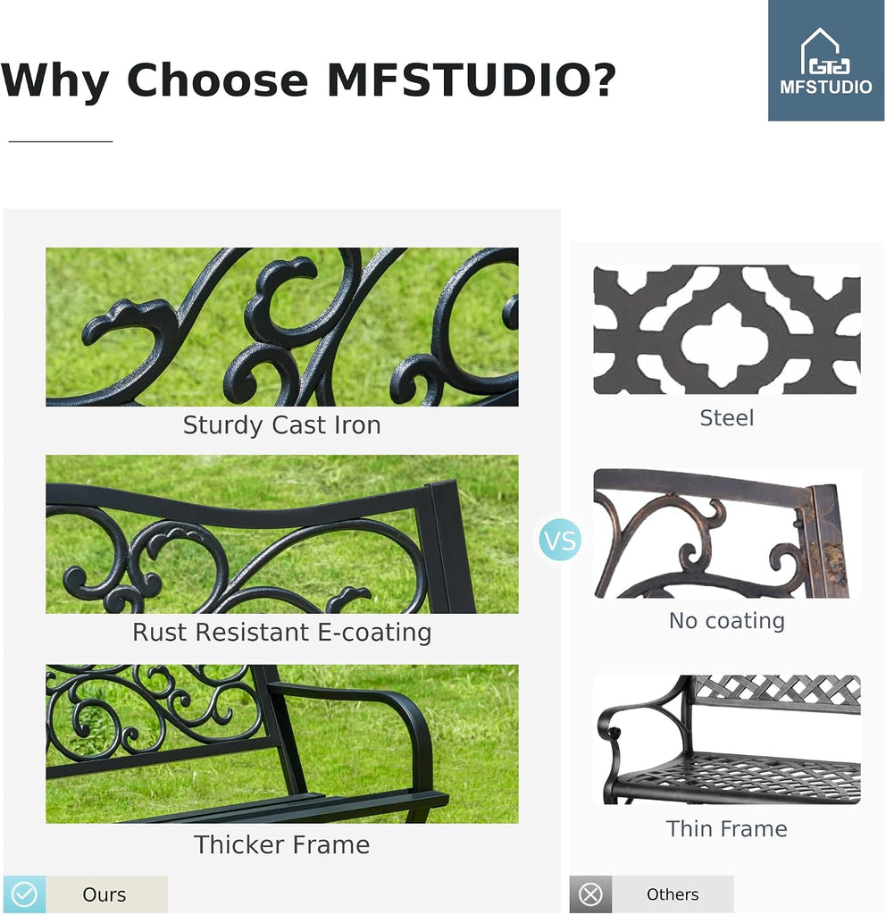 50 Inches Outdoor Garden Bench Cast Iron Metal Frame, Floral Black | E-Coating Anti-Rust Finish, Weatherproof Outdoor