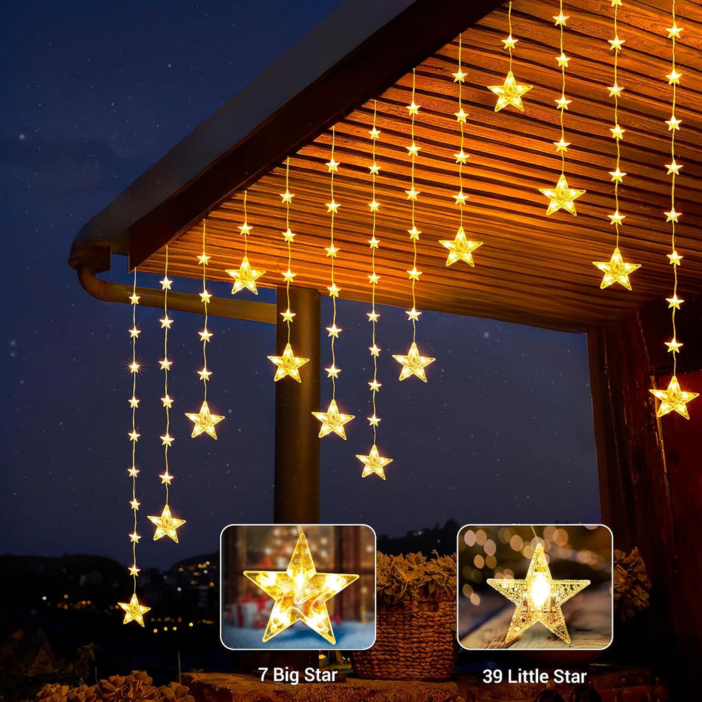 46 Stars Curtain Lights, Battery Operated Christmas Star Window Lights - Warm White with Timer & Memory Function & 8