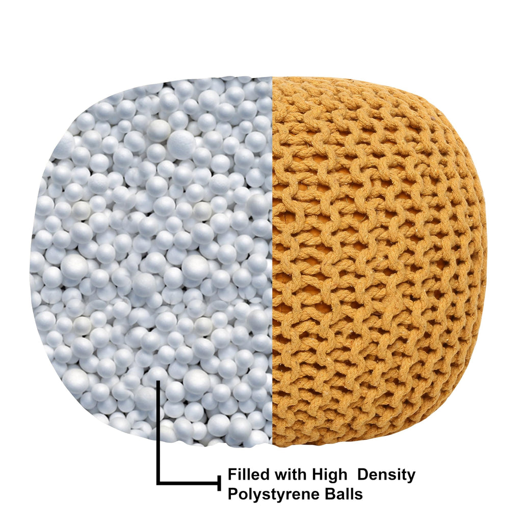 Round Pouf Ottoman - Hand Knitted Boho Poof - Mustard, Set of 2