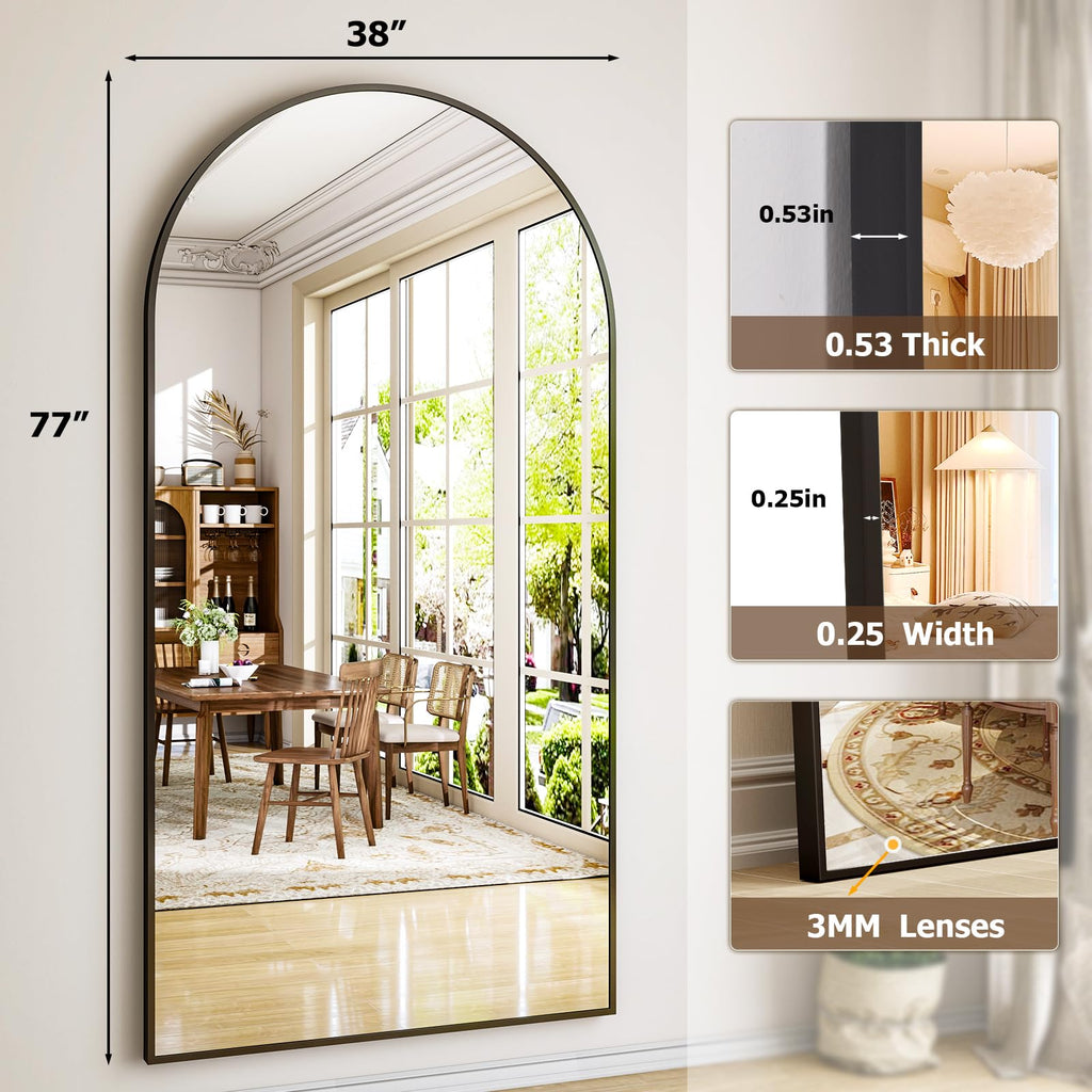 Oversized Full-Body Mirror, 77" x 38" Arched Full-Length Mirror, Black Metal Frame, Floor Mirror, Living/Dressing