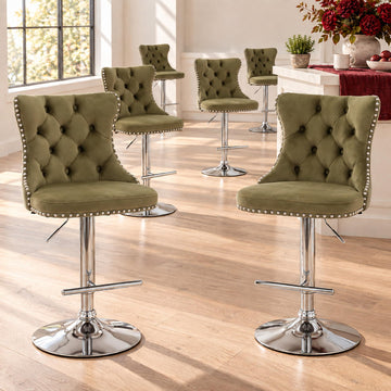 Olive Velvet Bar Stools Set of 6 - Adjustable Swivel Olive Green Counter Height Bar Stools with Tufted Back and