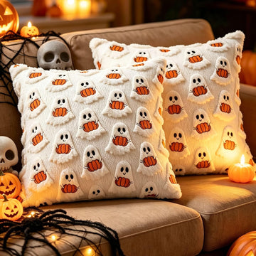 Halloween Ghost Pillow Covers-18x18, Cream Plush Fluffy Washable - Set of 2