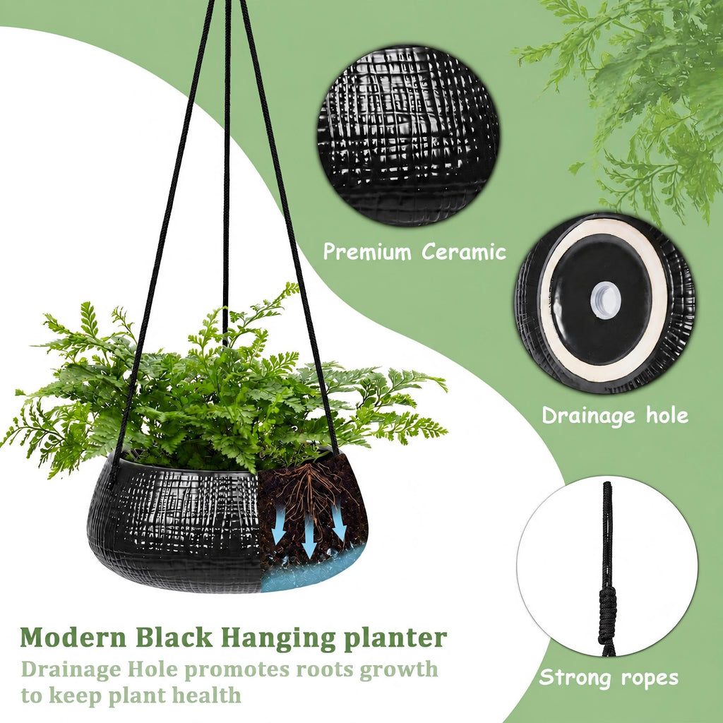Hanging Planter for Indoor Plant 8 in, Ceramic Black Flower Pot