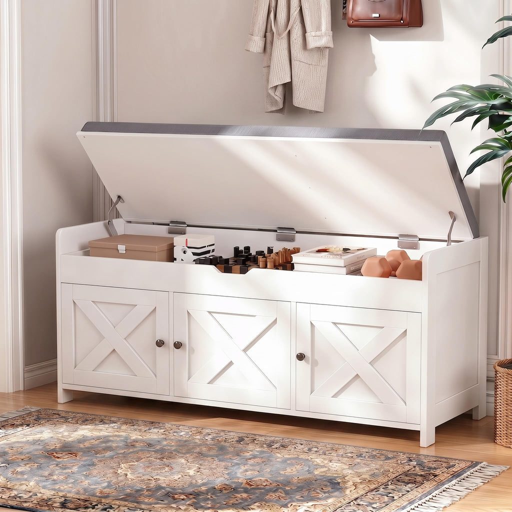 Shoe Storage Bench with Seating, Farmhouse Entryway Bench, White