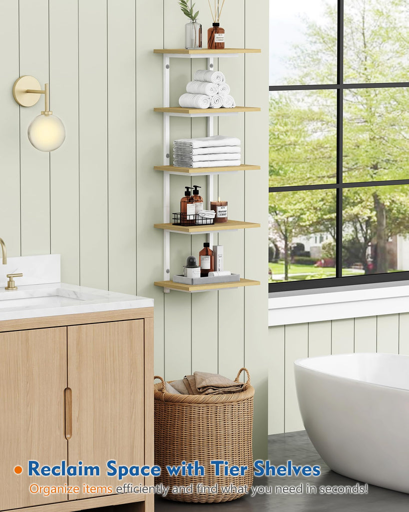 White and Natural Tiered Wall Shelf Unit, 5 Tier Display Floating Shelves, Deep Hanging Wall Shelving Unit Plants TV