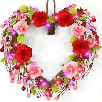 Valentines Day Wreath Decor with 20 Red and Pink Lights Timer, 18 Inch Valentines Wreaths for Front Door Rose Berry
