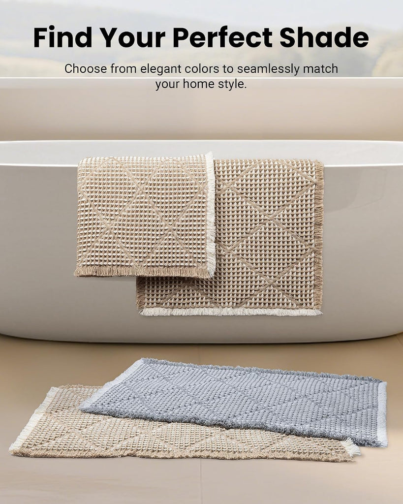 Waffle Bath Mat Set, Non Slip Bathroom Rugs 2 Piece, Brown & White | Ultra Absorbent Long Bath Rug Runner Boho Chic