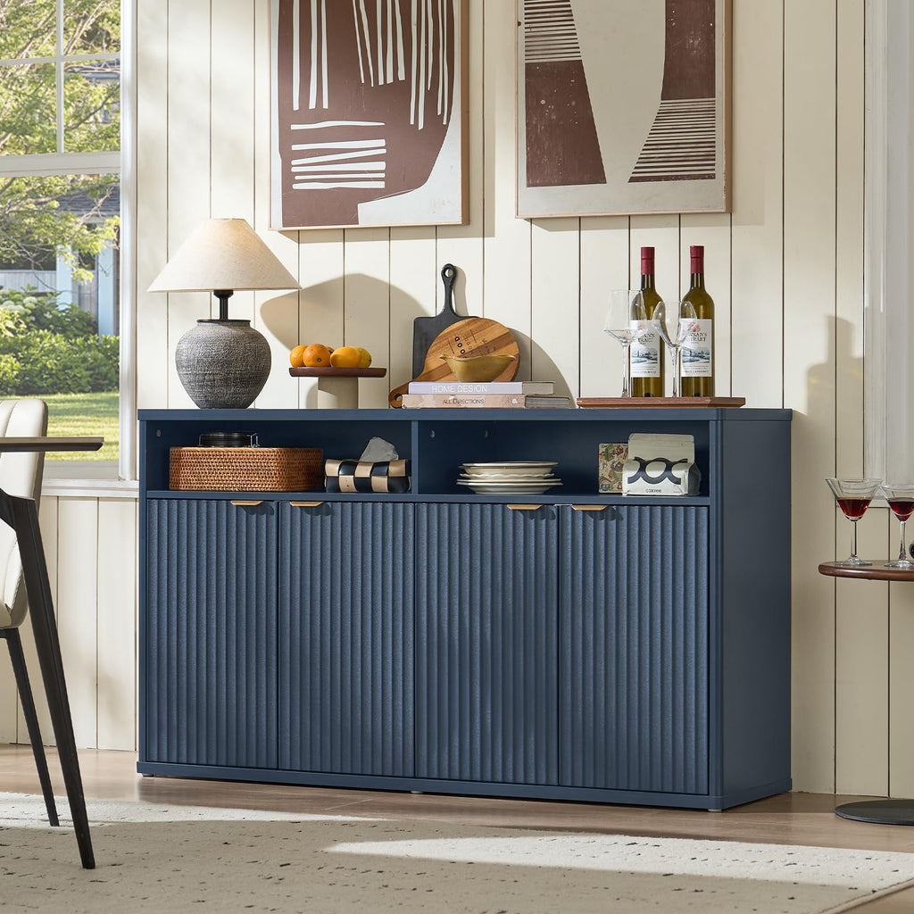 55-Inch Fluted Buffet Cabinet with 4 Doors, Dark Blue