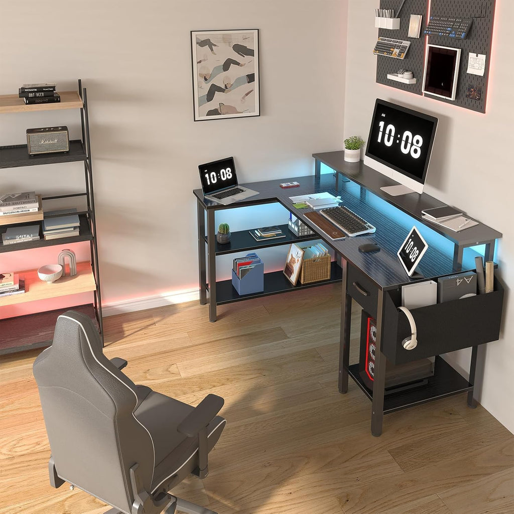L Shaped Gaming Desk with Storage Shelves, 47 inch Home Office Desk with Monitor Stand, Computer Desk with LED
