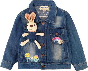 Peaoclate Little Big Girls Embroider Rabbit Denim Jacket