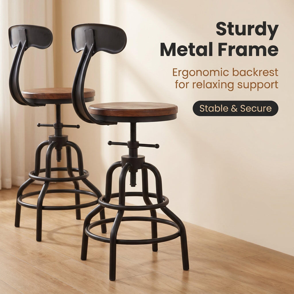 Industrial Vintage Counter Stool, Kitchen Counter Height Adjustable Swivel Chair, Metal Frame Stool, with Iron