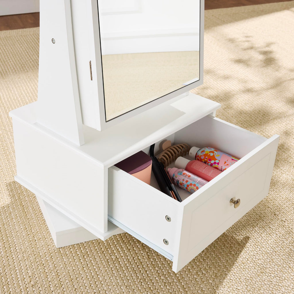 360 Swivel Mirrored Jewelry Cabinet, Standing Armoire, Makeup Storage Organizer, w/LED-lit Mirror, 3 Shelves - White