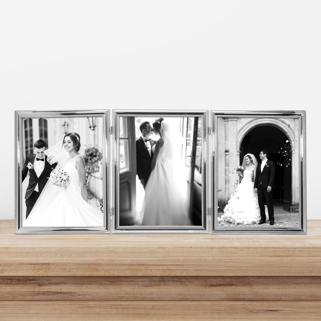 Silver Plated Double Bead 8x10 Hinged Triple Picture Frame