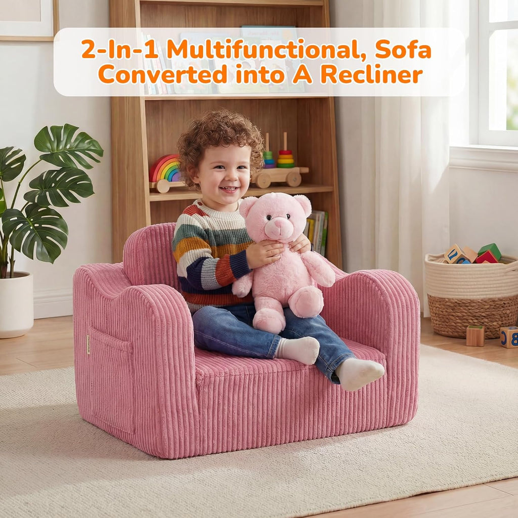 Kids Couch, Pink Corduroy in-1 Fold Out Sofa Chair for Girls