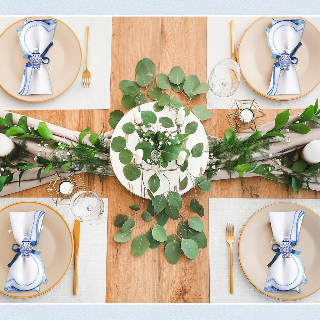 Blue White Porcelain Napkin Rings Vintage Chinoiserie Napkin Ring for Asian Christmas New Year Party - Set of 6