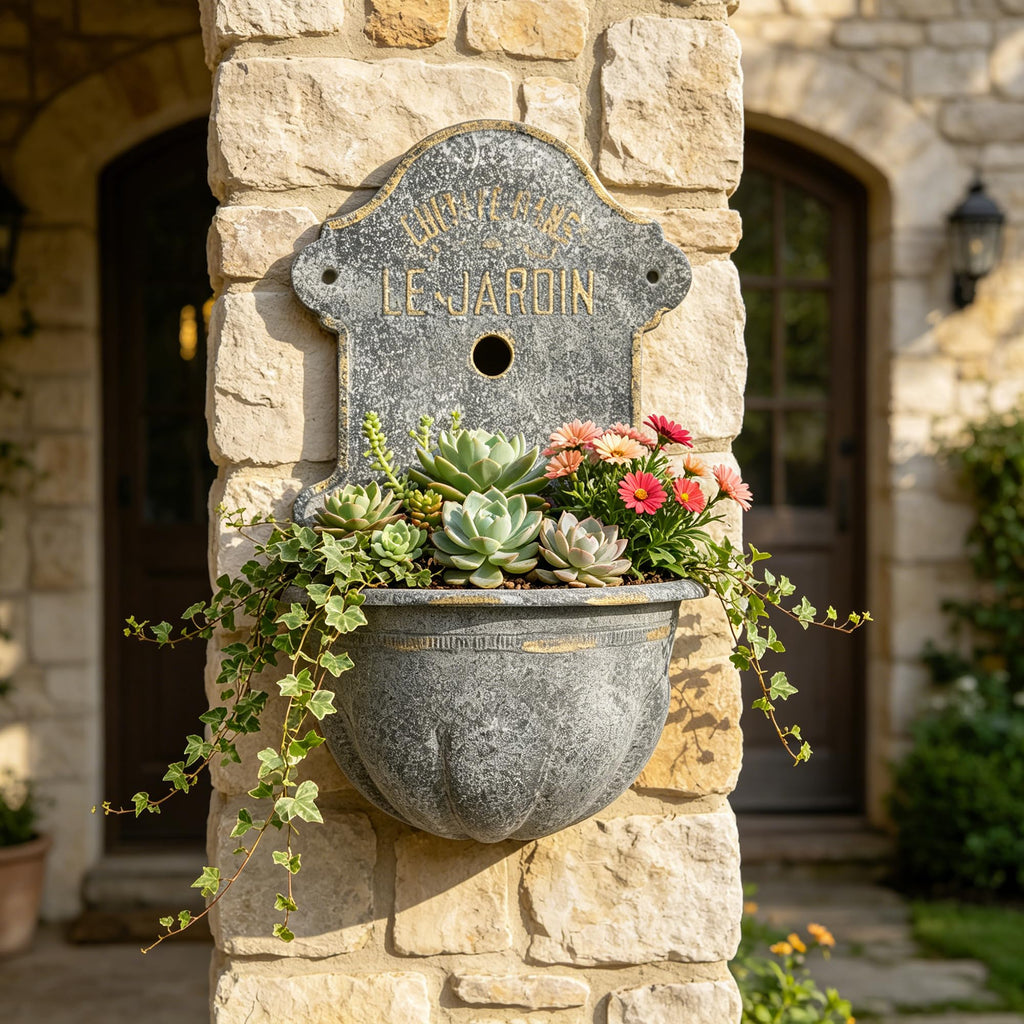 Large French Country Wall Planter, 27.95" H x 18.11" W Vintage Metal Le Jardin Wall Mounted Flower Pot, Rustic