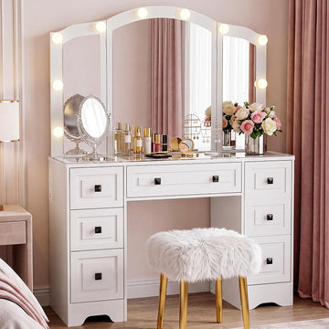 Vintage Vanity, White Vanity with Lighted Mirror & Third-Fold Mirror, Retro 5-Drawer Dressing Table with Glass Top