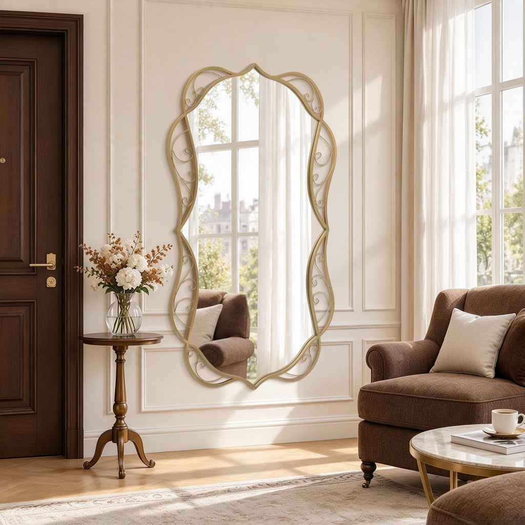 Vintage Brass Framed Mirror: 48"x30" Large Scalloped Wavy Mirrors