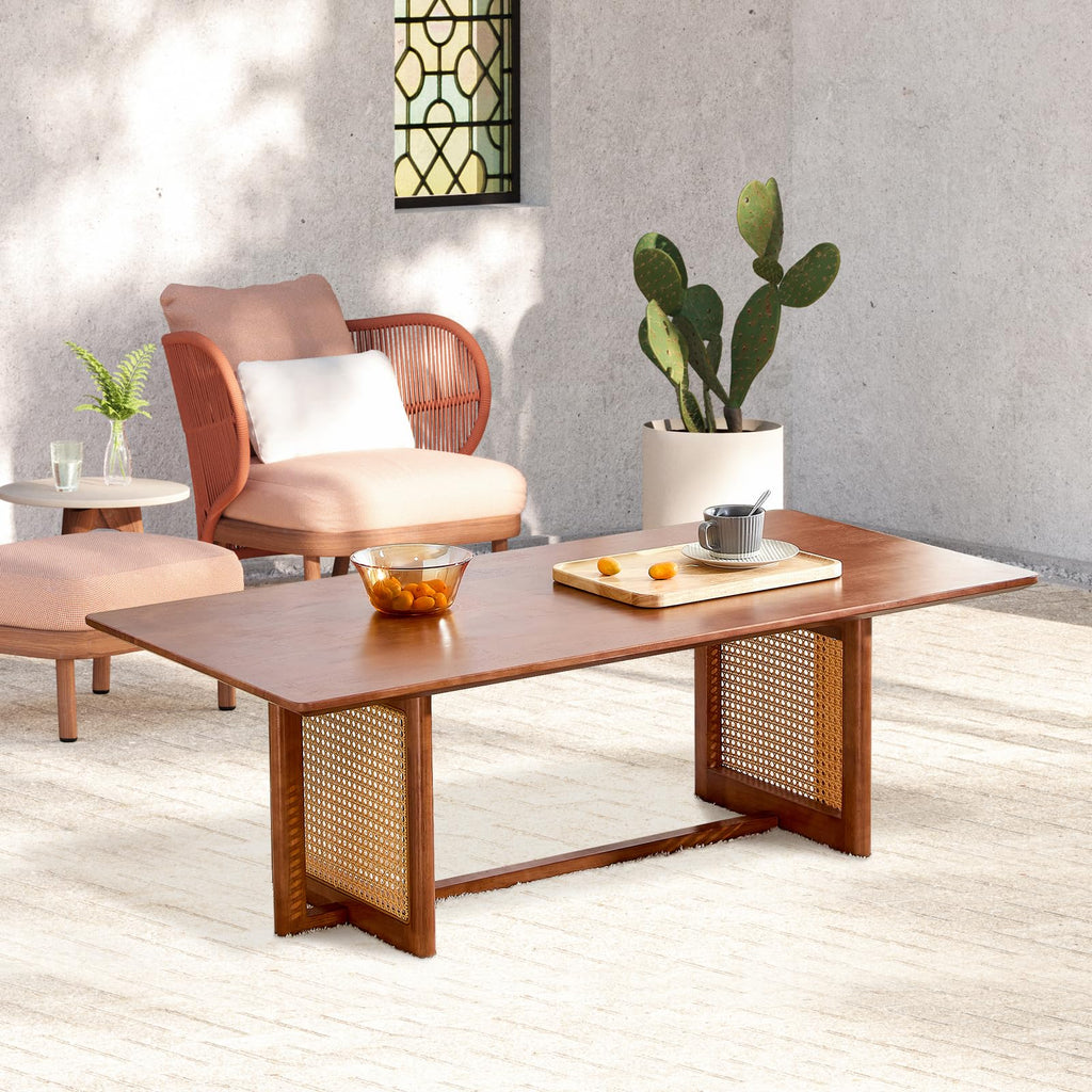 Coffee Table, Rectangle Solid Wood Table Top, Modern Imitation Rattan Coffee Table, Cross Table Legs Tea Table Small