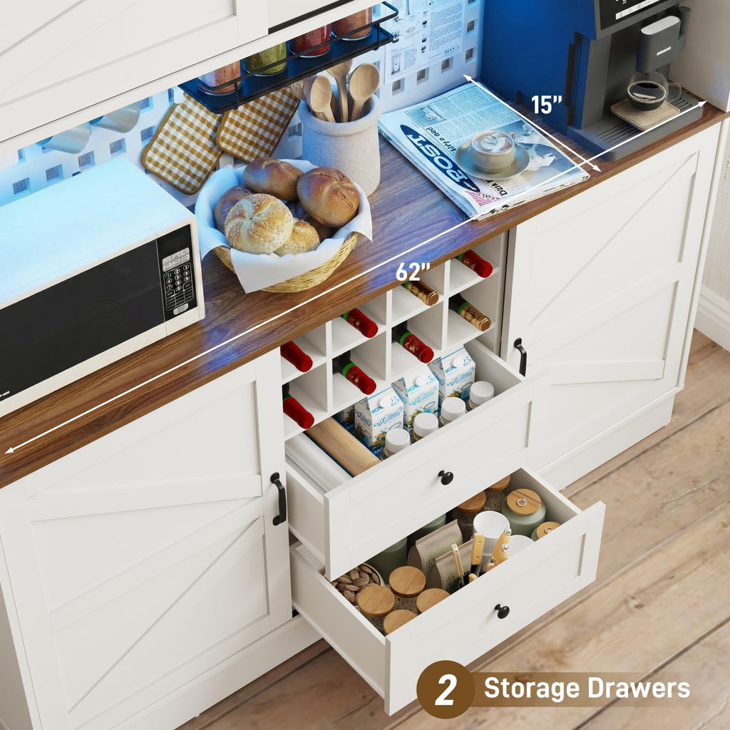 75"Tall 63"W Extra Large Farmhouse Kitchen Storage Pantry Hutch Cabinet w/Power Outlet, Pegboard, Coffee Bar