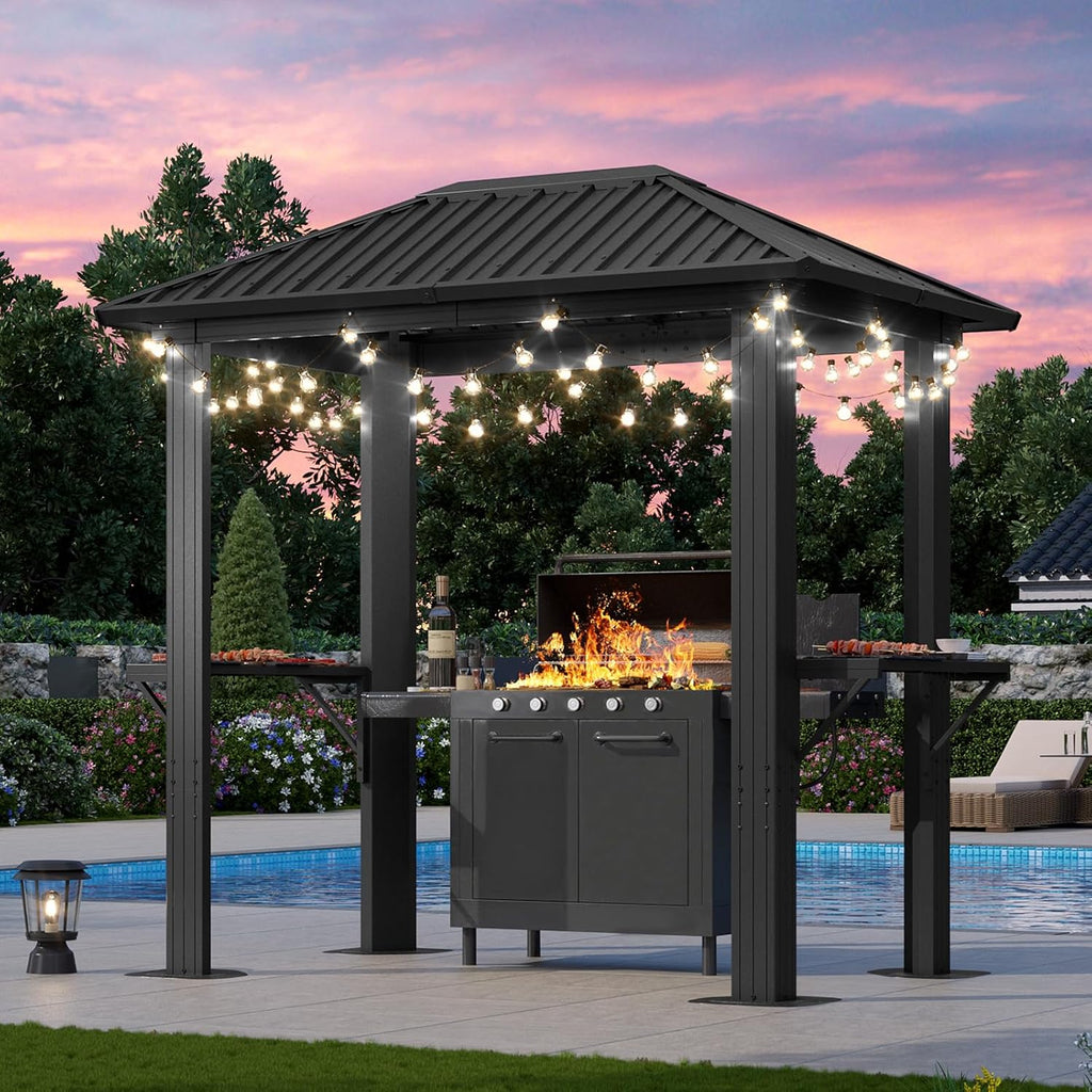 Grill Hardtop Gazebo 5 x 8 FT, Outdoor Metal Hard Top Gazebo, Permanent BBQ Pavilion with Galvanized Steel Roof