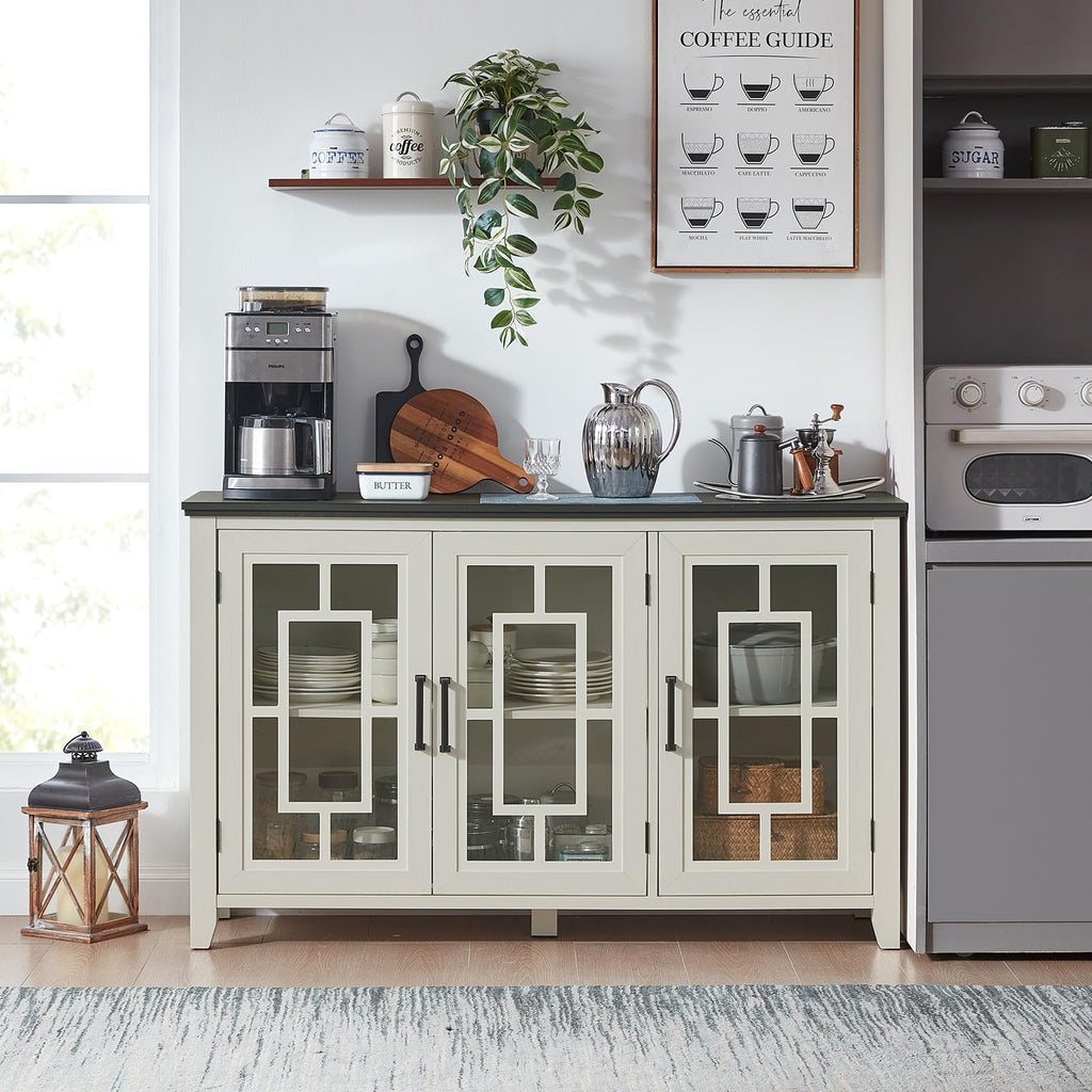 Large Sideboard Buffet Cabinet with Storage, 55" Farmhouse Credenza with 3 Glass Doors, Adjustable Shelves Console