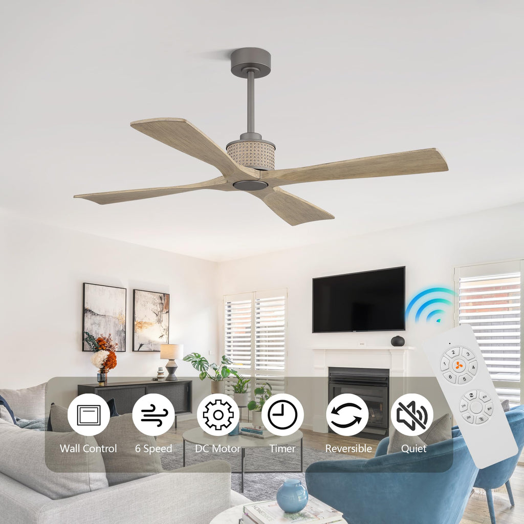 54" Ceiling Fan without Light - Remote Control, Solid Wood, 6-Speed, Reversible DC Motor, Driftwood/Charcoal Gray