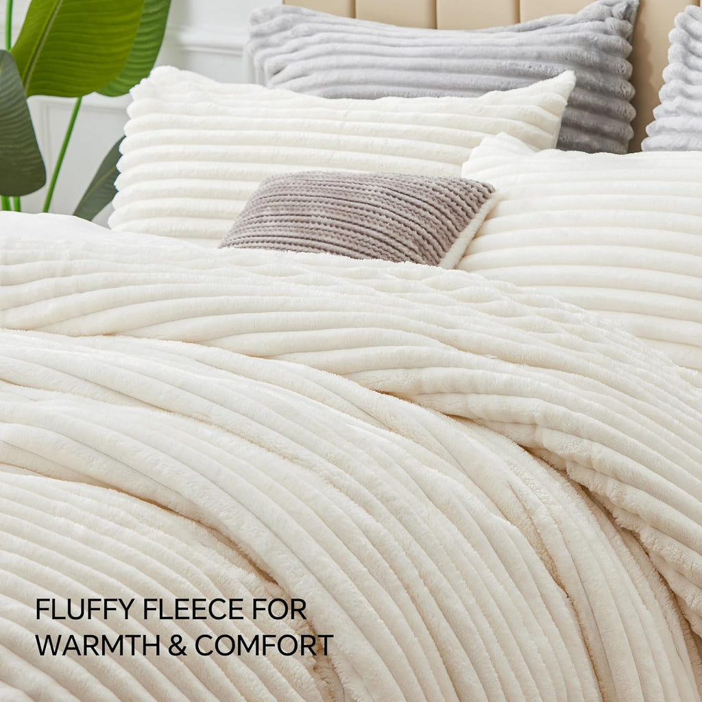 Fleece Comforter Set-Super Soft & Warm Fluffy Cream White Bedding