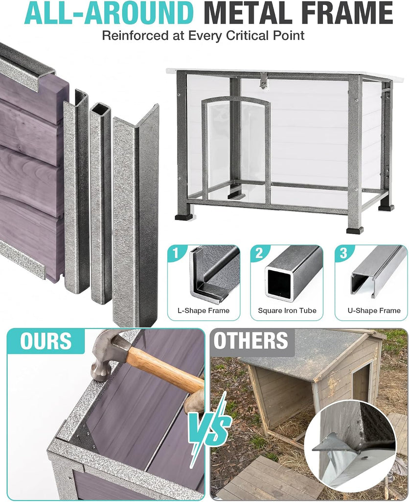 Feral Dog House Outdoor, Anti Bite Iron Frame Dog Kennel, Wood Warm Pets Home, Insulated Weatherproof Outside Shelter
