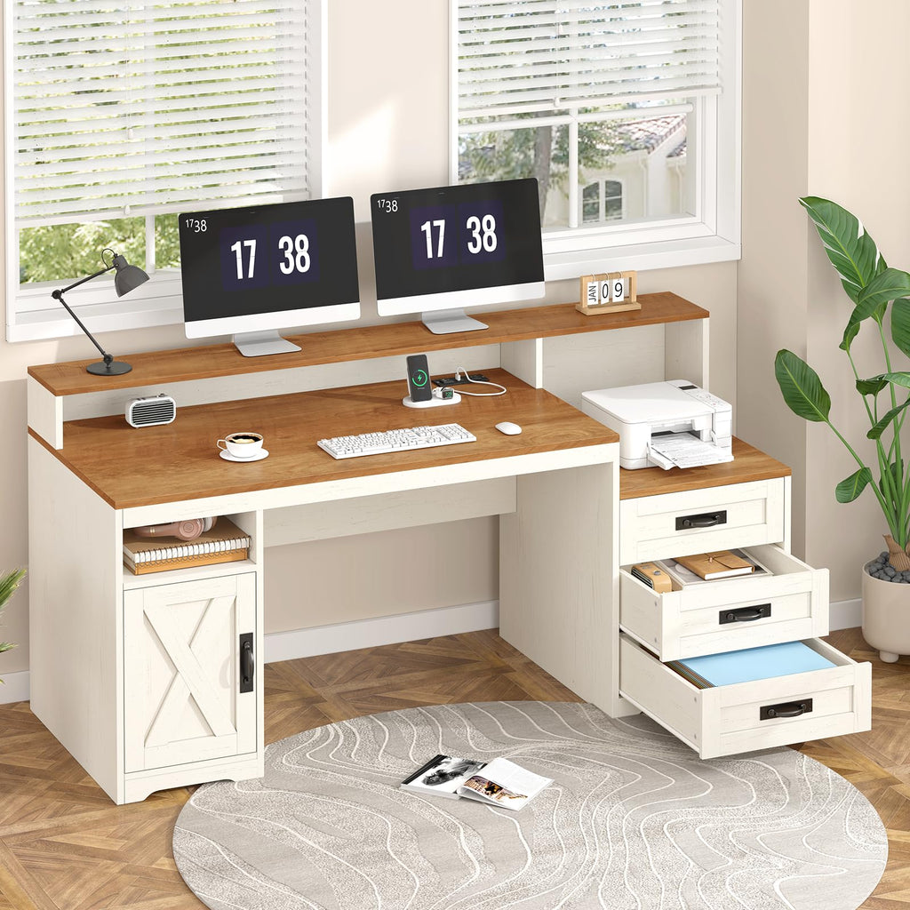 65" Farmhouse Computer Desk with Drawers and Printer Stand
