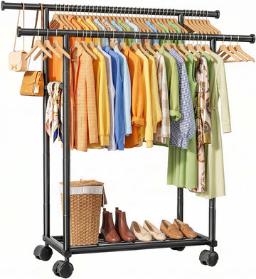 Rolling Double Rod Clothes Rack with Shelf, 39" x 17" x 60", Black