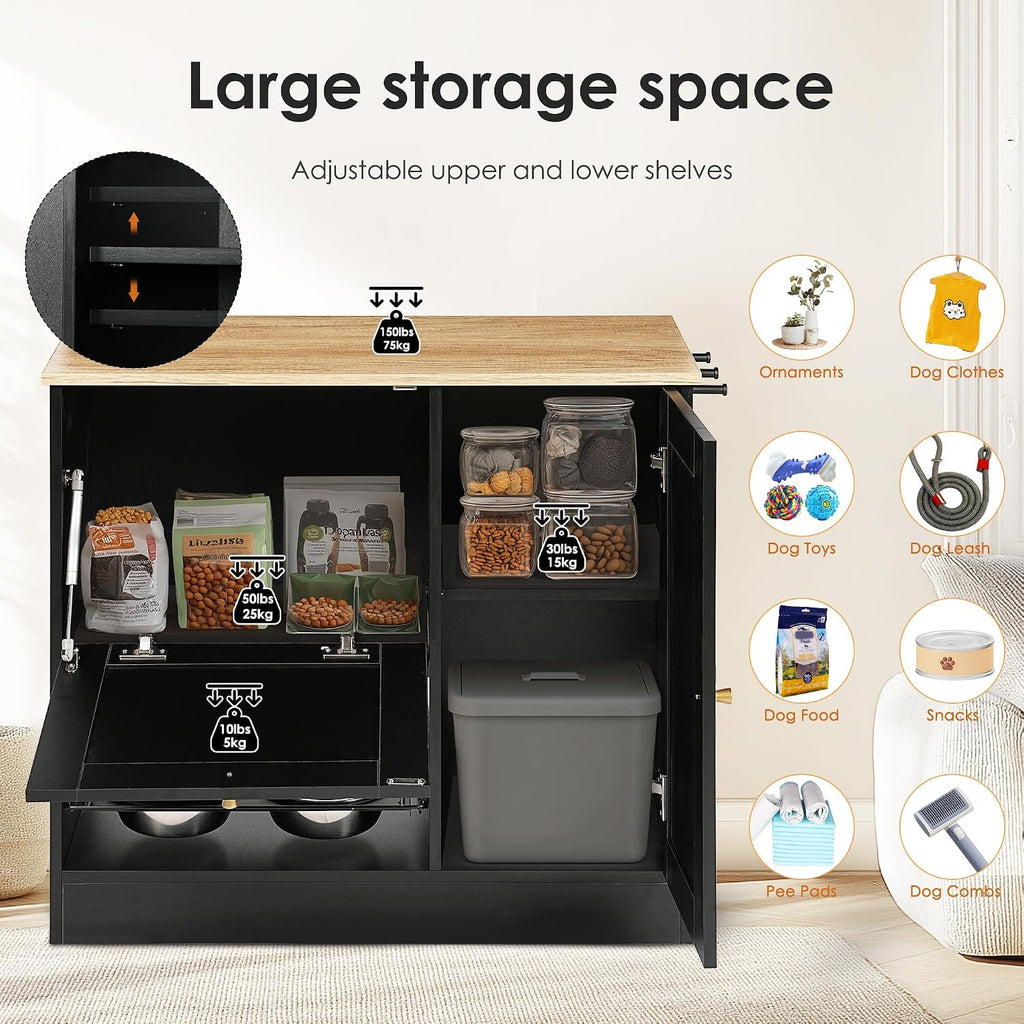 Dog Feeding Station with Wicker Storage, Dog Food Storage Cabinet with 2 Bowls & Side Hooks, Pet Organizer, Dogs