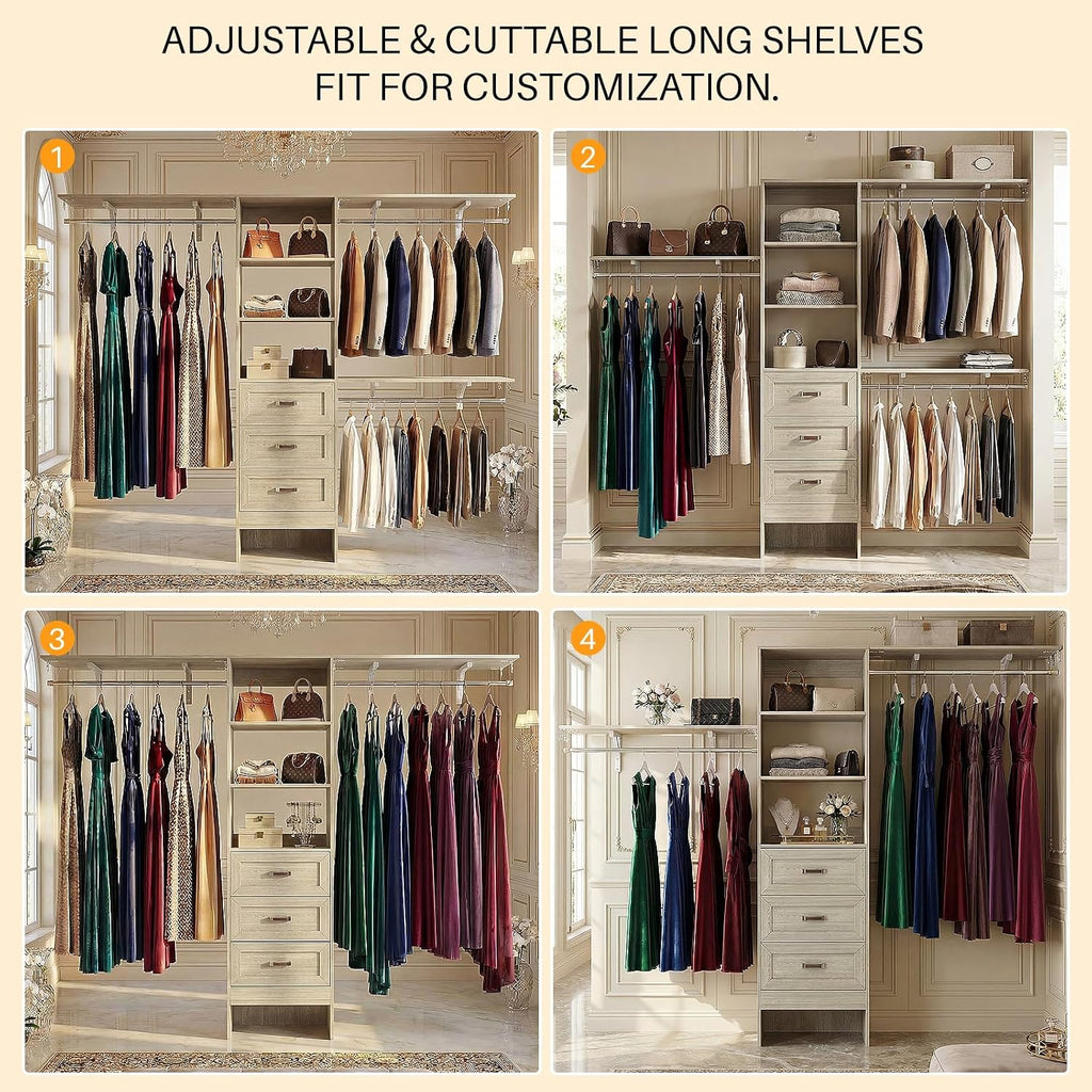 8FT Closet System with 3 Curved Drawers, 96'' Wooden Walk-in Closet Organizer with 3 Top Shelves, Adjustable