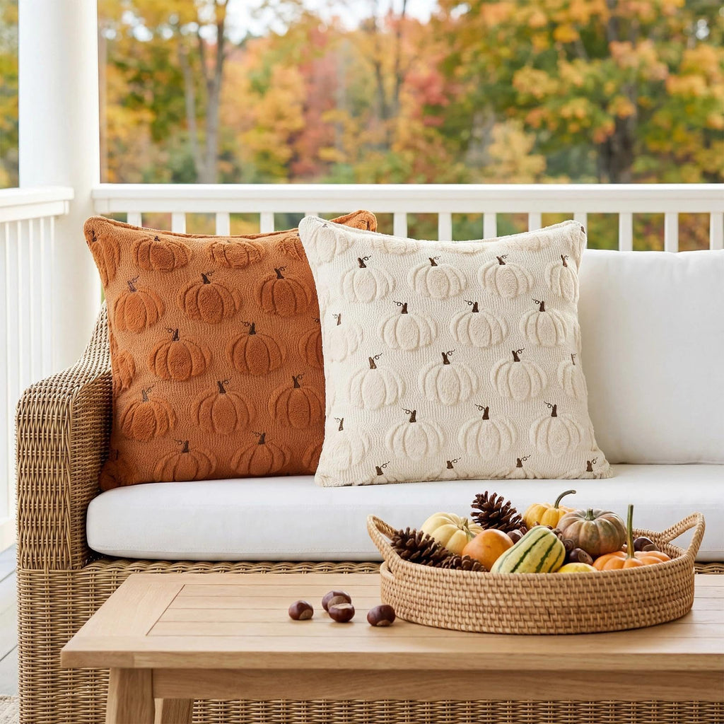 Fall Throw Pillow Covers 18x18 Set of 2 Rust Orange Pumpkin Decor