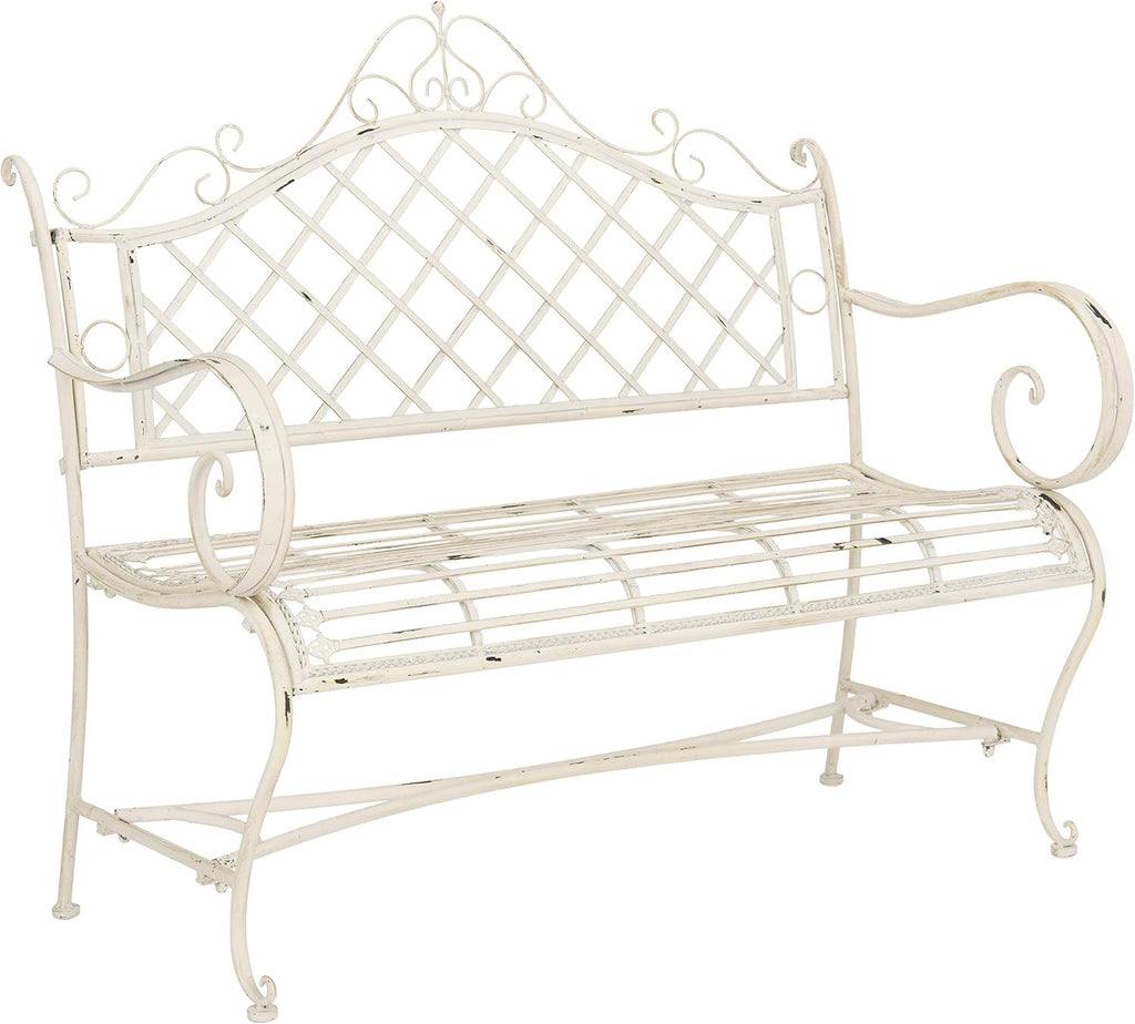 Outdoor - Abner Outdoor Iron Garden Bench - Antique White - Scrollwork Design - Ideal , Deck, Porch, Garden, 17" Seat