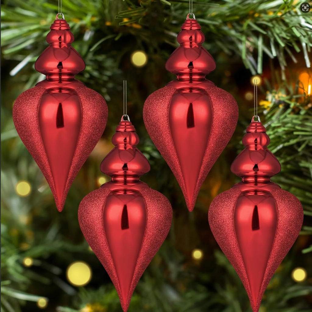 4 Pcs 9" Christmas Ball Ornament, Red Glitter Finial Drop Decor